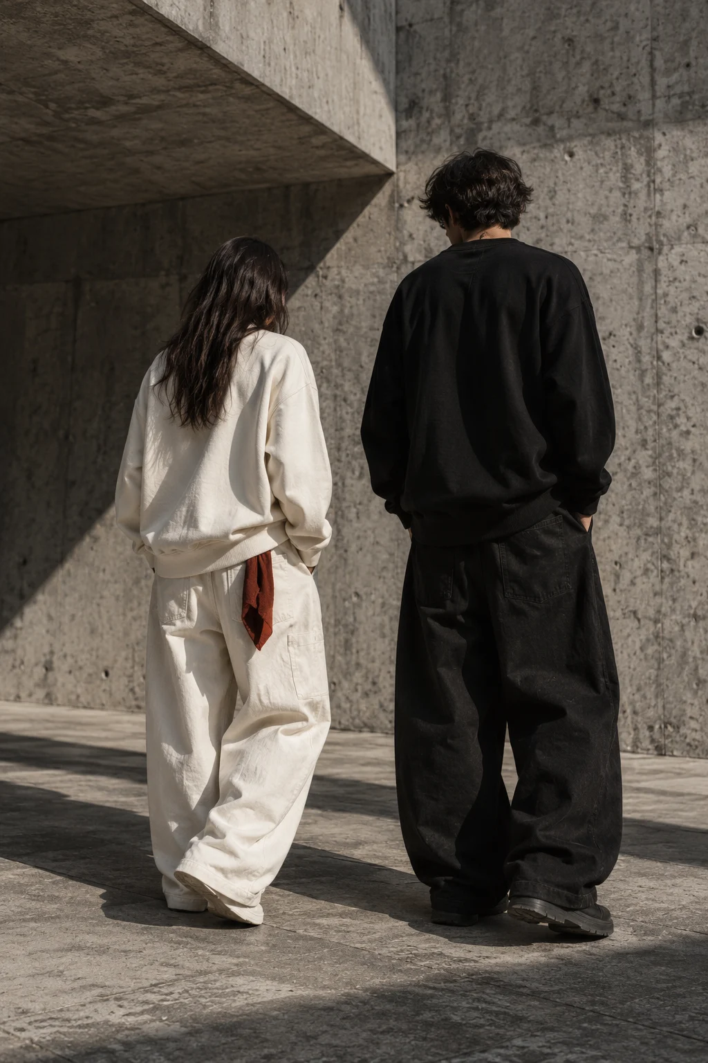 Editorial concept: two figures in unbranded monochrome streetwear against a concrete backdrop.